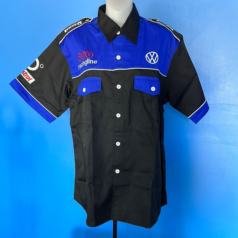 Volkswagon Racing Crew Shirt Size XL Blue Black Button Down Short Sleeve